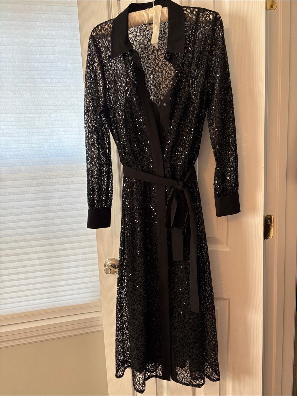 Anne Klein Black Sequin Lace Midi Dress with Waist Tie